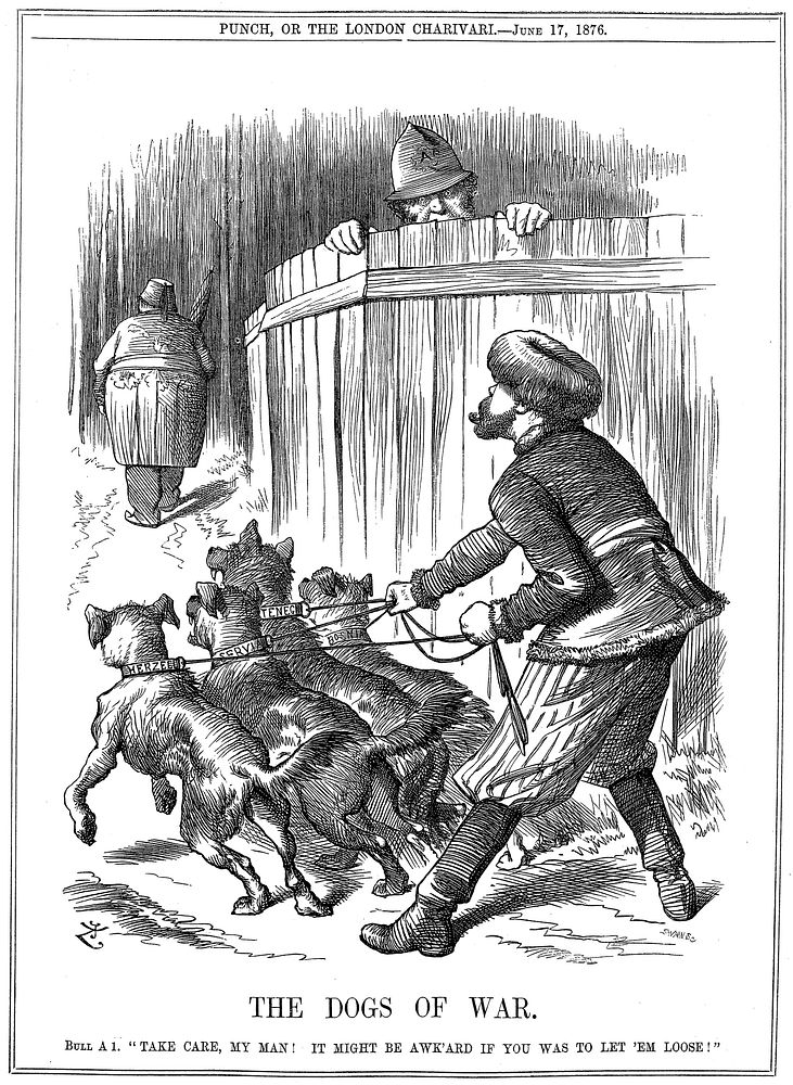 "The Dogs of War" - a Punch cartoon from June 17, 1876 showing Russia holding back the Balkan countries from attacking…