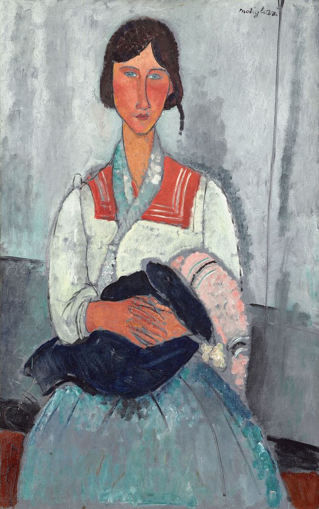 Amedeo Modigliani's Gypsy Woman with Baby (1919) famous painting. 