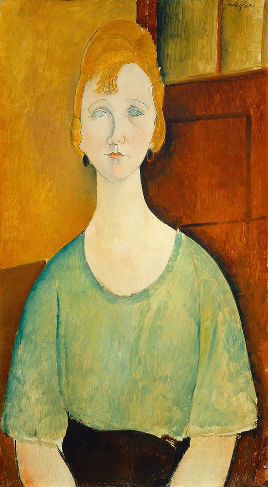 Amedeo Modigliani's Girl in a Green Blouse (1917) famous painting. 