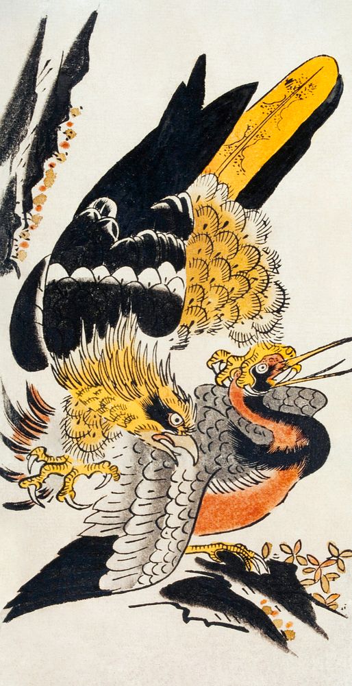 Japanese birds (18th century) vintage woodblock print by Torii Kiyomasu ll. Original public domain image from the…