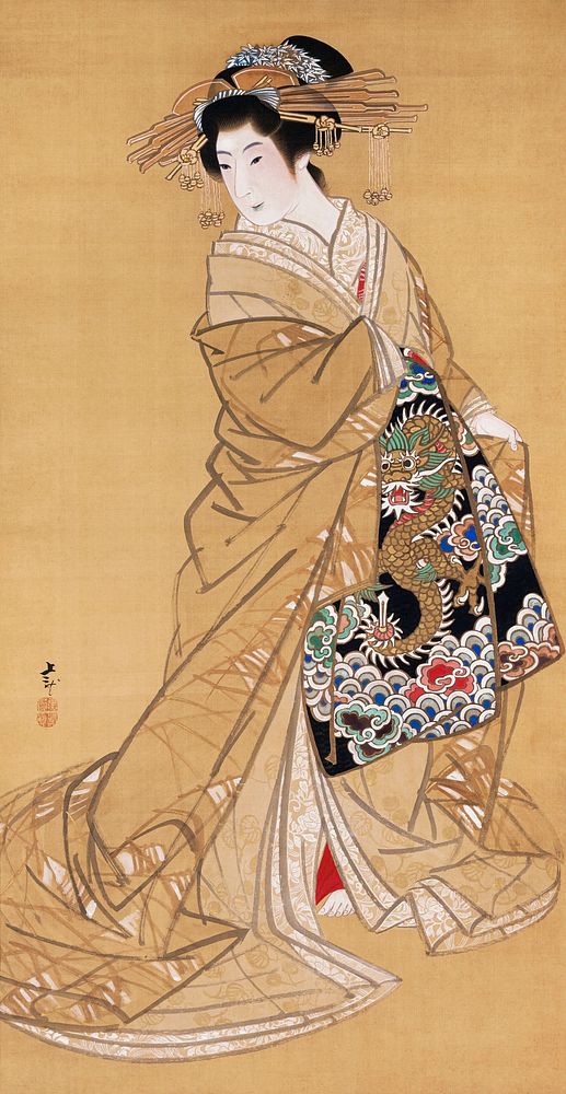 Japanese woman with dragon obi (1830s) vintage painting by Mihata Jōryū. Original public domain image from The Minneapolis…