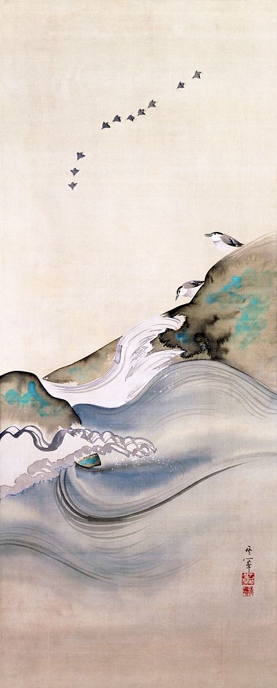 Plovers, rocks and waves (19th century) vintage Japanese painting by Suzuki Kiitsu. Original public domain image from The…