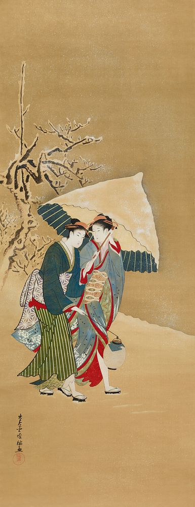 Japanese women with umbrella in snow (18th-19th century) vintage painting by Kubo Shunman. Original public domain image from…