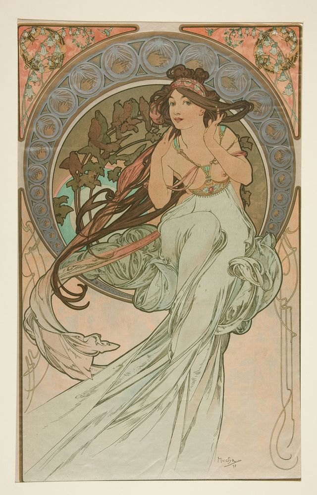 Music, from Les Arts (1898) by Alphonse Mucha. Original public domain image from Yale University Art Gallery.