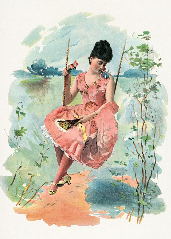 Woman sitting on a swing, aesthetic chromolithograph. Original public domain image from the Library of Congress. Digitally…