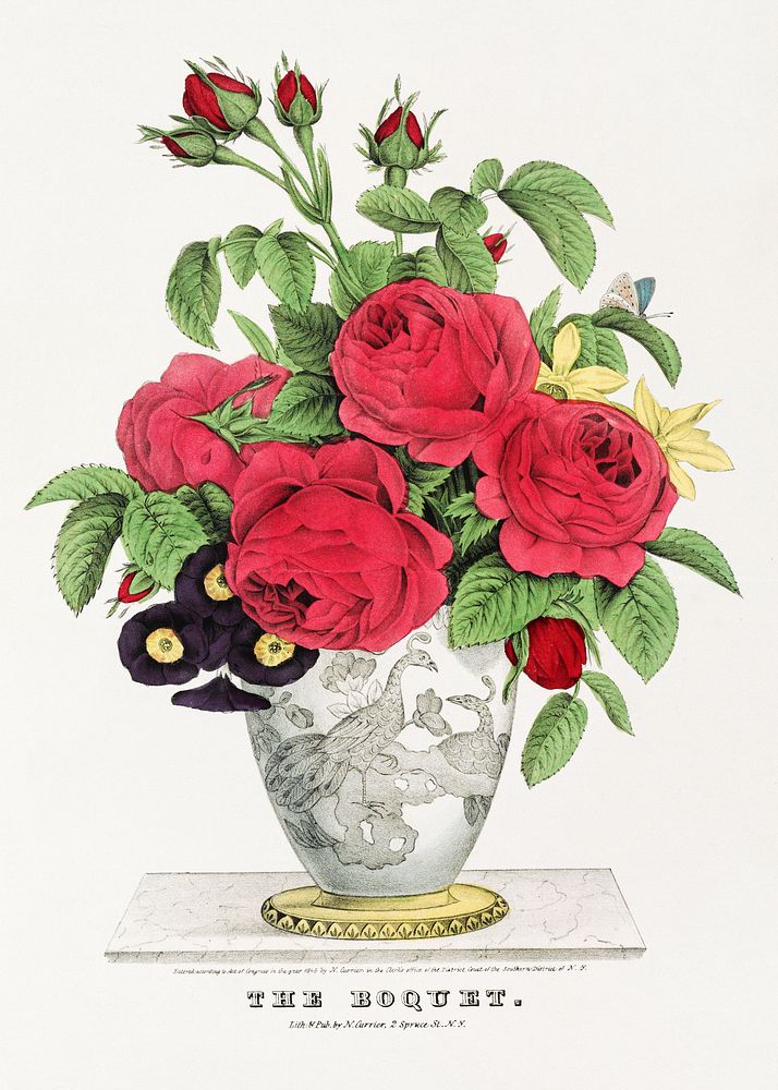 Aesthetic lithograph rose vase. Original public domain image by Nathaniel Currier from the Library of Congress. Digitally…