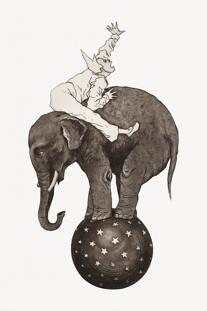 Aesthetic elephant and clown illustration.  Remastered by rawpixel