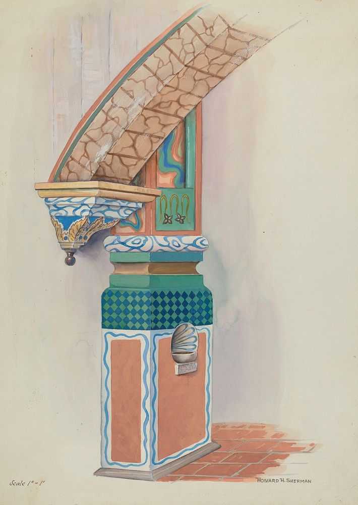 Pilaster with Holy Water-Font & Arch Below Choir Loft (c. 1936) by Howard H. Sherman.  