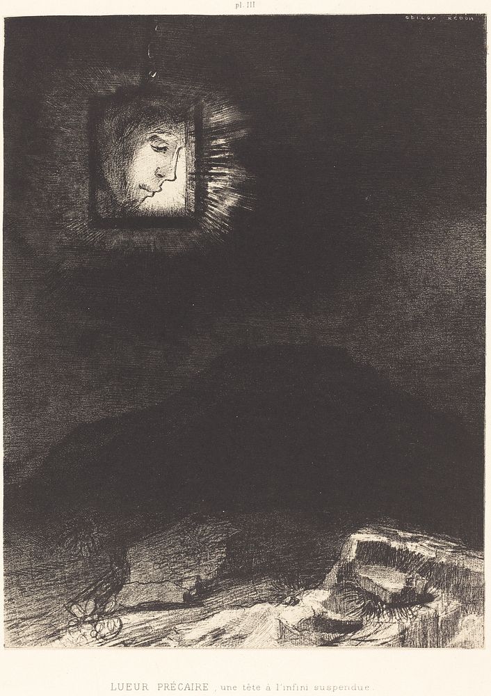 Lueur precaire, une tete a l'infini suspendue (Precarious glimmering, a head suspended) (1891) by Odilon Redon. 