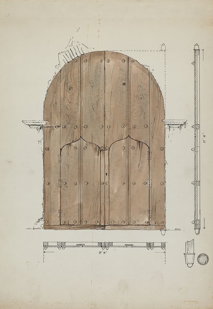 Restoration Drawing of Original "Needle's Eye"Doors, Formerly Main Entrance Doors of (c. 1936) by Geoffrey Holt.  