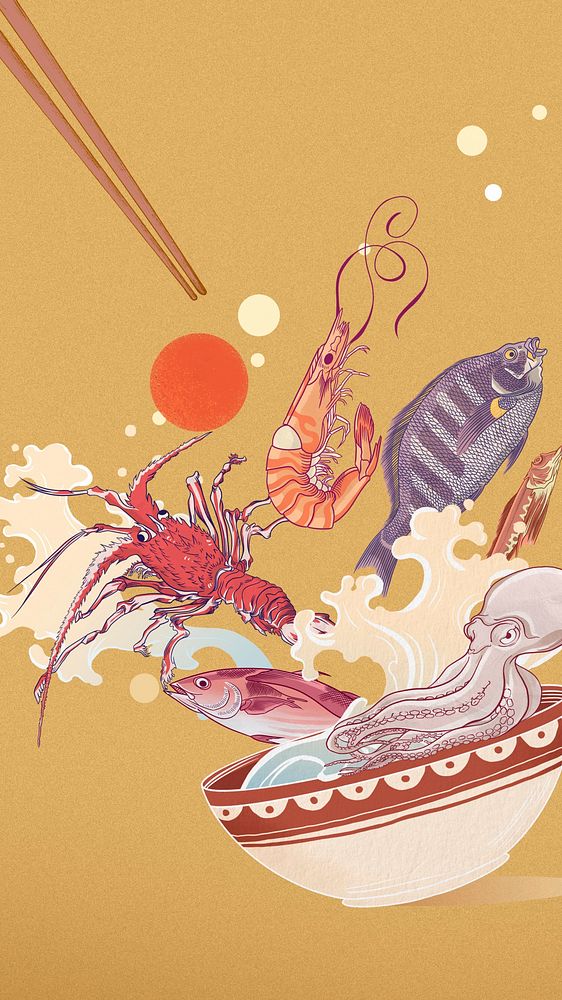 Seafood bowl splash iPhone wallpaper, Japanese food illustration