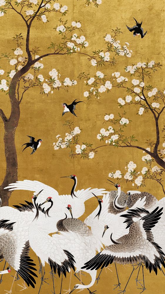 Hokusai's gold cranes iPhone wallpaper, Japanese animal illustration