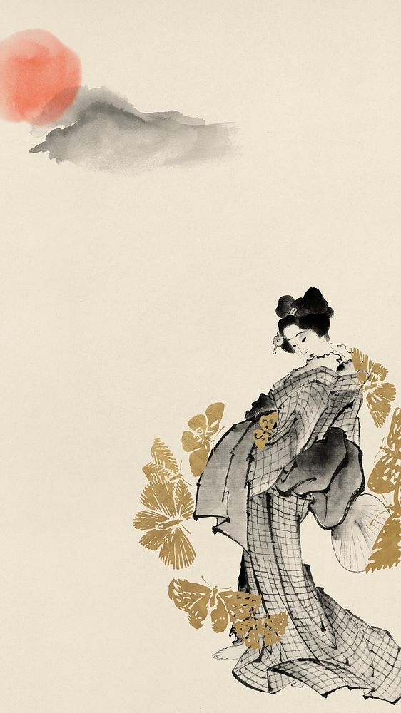 Aesthetic Japanese woman mobile wallpaper, vintage floral design