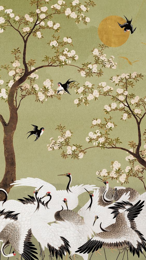 Hokusai's Japanese crane iPhone wallpaper, oriental illustration