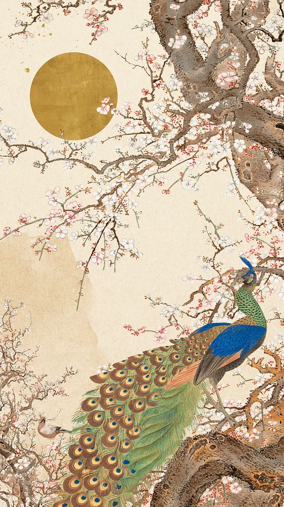 Oriental peacock phone wallpaper, vintage Japanese illustration