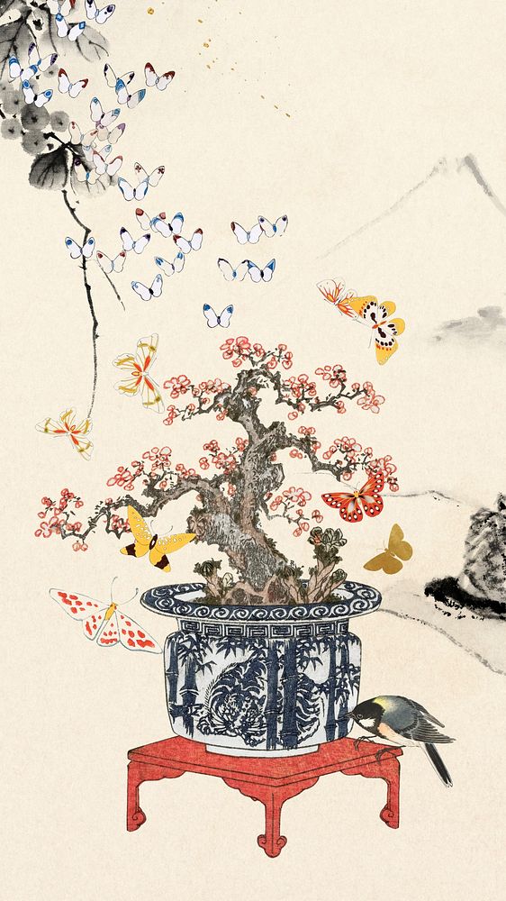 Japanese flower mobile wallpaper, vintage plum blossom illustration