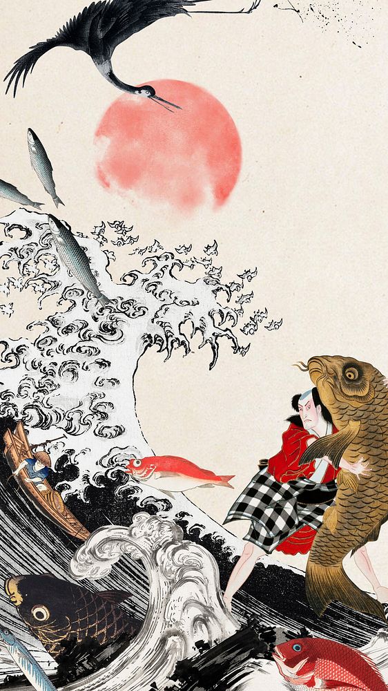 Hokusai's ocean wave iPhone wallpaper, Japanese crane remix