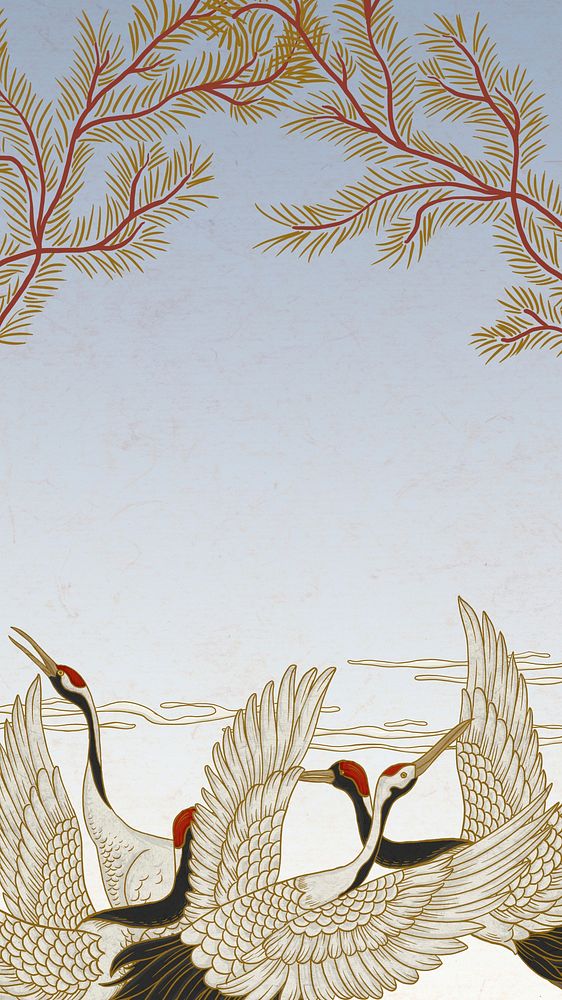 Japanese cranes mobile wallpaper, vintage illustration
