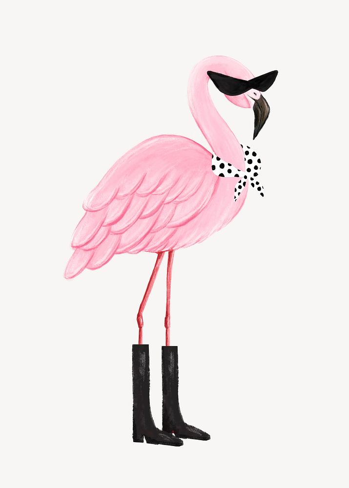 Cool flamingo collage element, cute animal illustration psd