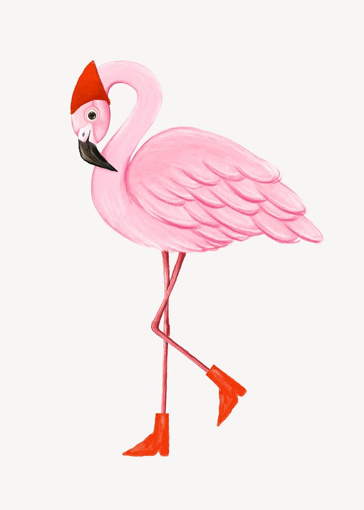 Christmas flamingo collage element, cute animal illustration psd