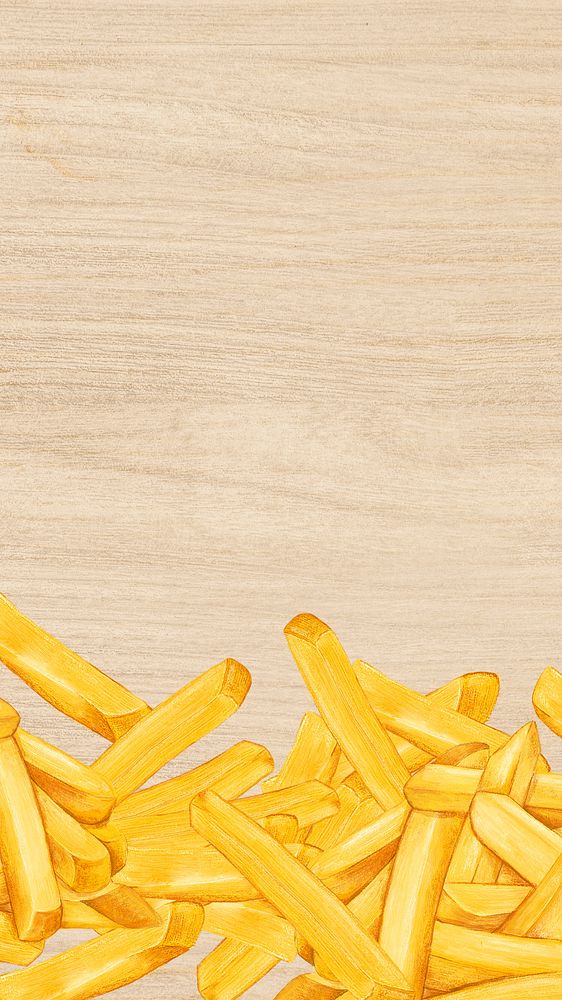 French fries border iPhone wallpaper, wooden texture background