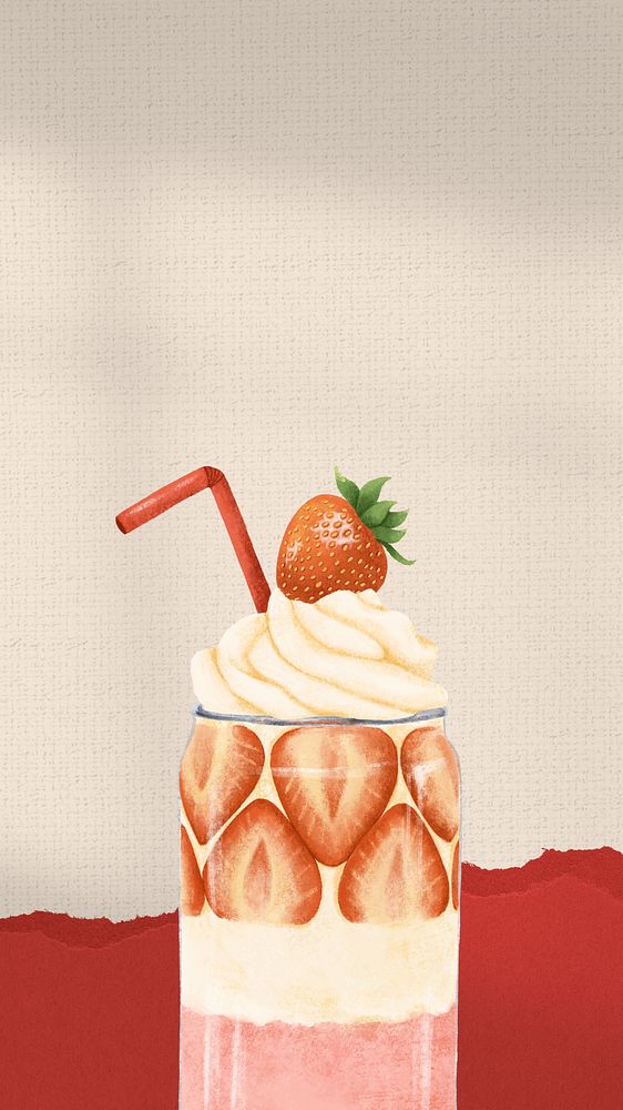 Strawberry parfait smoothie mobile wallpaper, pink ripped paper border