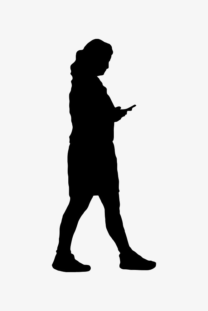 Woman walking, using phone silhouette
