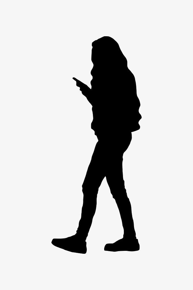 Woman walking, using phone silhouette