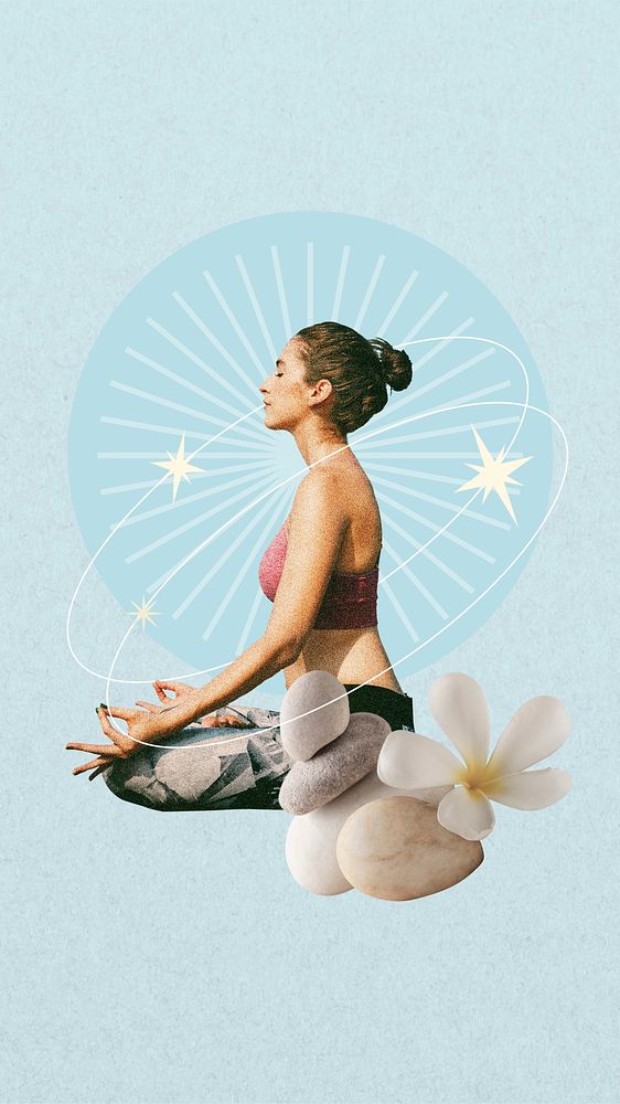 Woman meditating mobile wallpaper, wellness remix