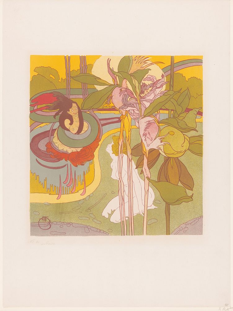 Vrouw krijgt visioen in een tuinDans le r&ecirc;ve (1897) print in high resolution by Georges de Feure. 