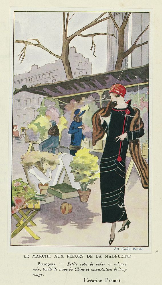 Een dame in een visitejapon van zwart fluweel van Premet (1924) fashion illustration in high resolution by Premet.  