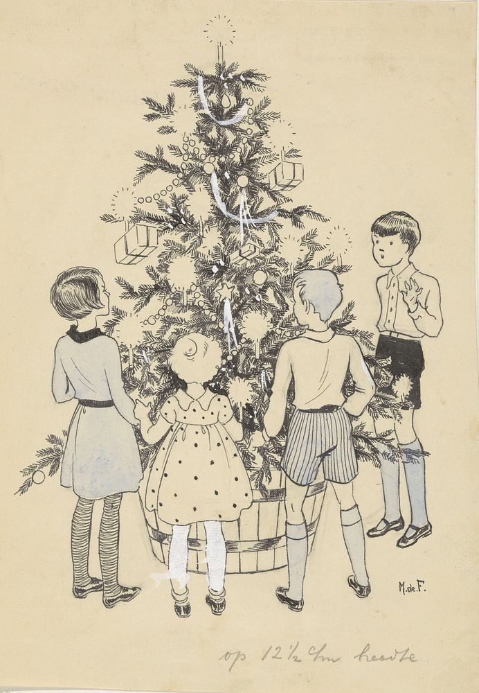 Vier kinderen rondom een kerstboom (c. 1928 - c. 1941) drawing high resolution by Miep de Feijter. Original from The…