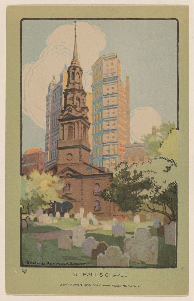 St. Paul's Chapel (1914) from Art&ndash;Lovers New York postcard in high resolution by Rachael Robinson Elmer.  