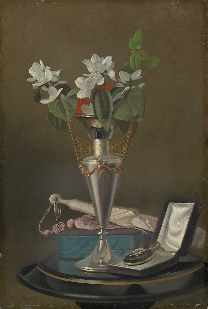 Still Life with Fan and Pendant (ca. 1865&ndash;1875) by Samuel Marsden Brookes.  