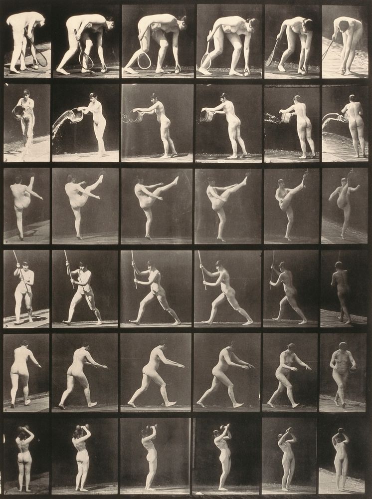 Woman with Tennis Racquet, Throwing Water (1887) photography in high resolution by Eadweard Muybridge.  