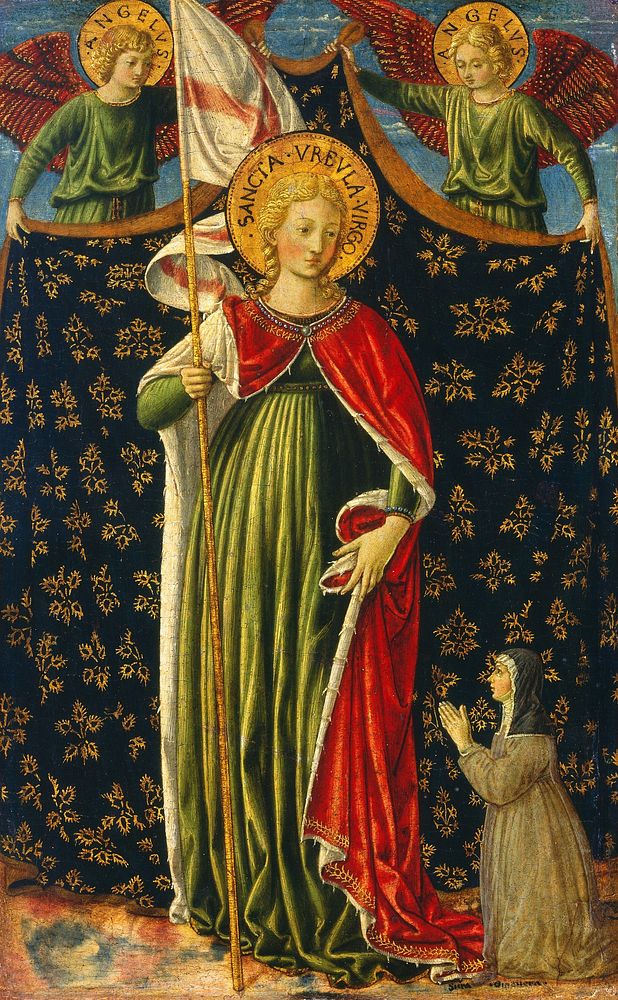 Saint Ursula with Two Angels and Donor (ca. 1455&ndash;1460) by Benozzo Gozzoli.  