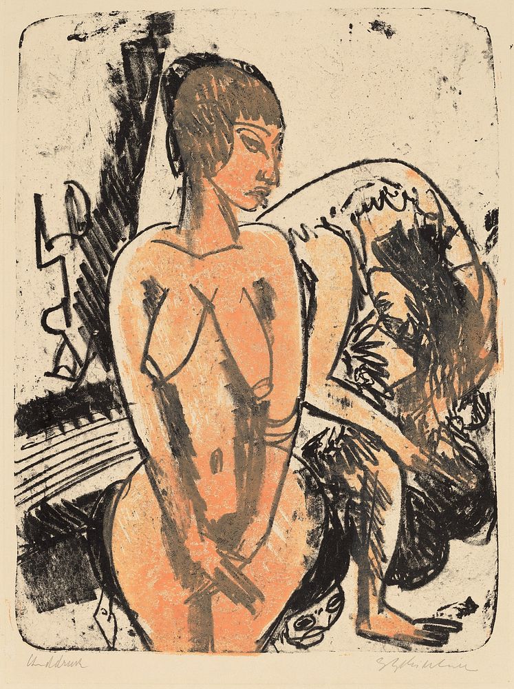Two Women (1914) print in high resolution by Ernst Ludwig Kirchner.  
