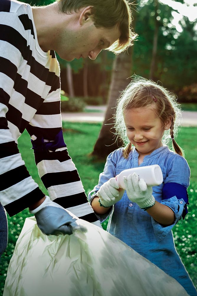 Plastic pollution awareness with girl sorting garbage
