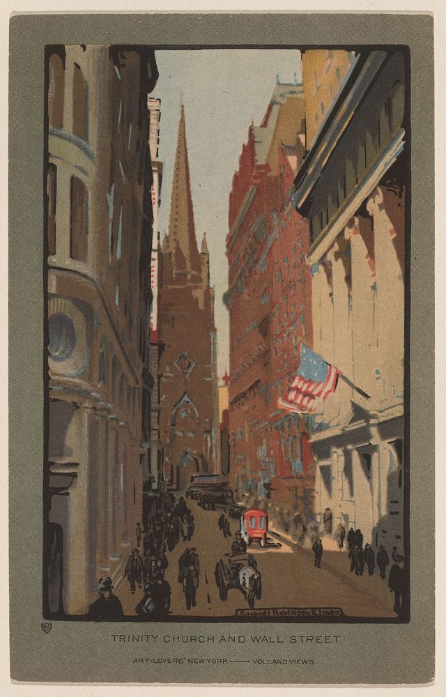 Trinity Church and Wall Street (1914) from Art&ndash;Lovers New York postcard in high resolution by Rachael Robinson Elmer.  