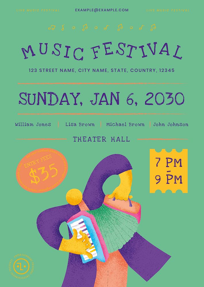 Colorful concert poster template psd with accordionist musician flat graphic