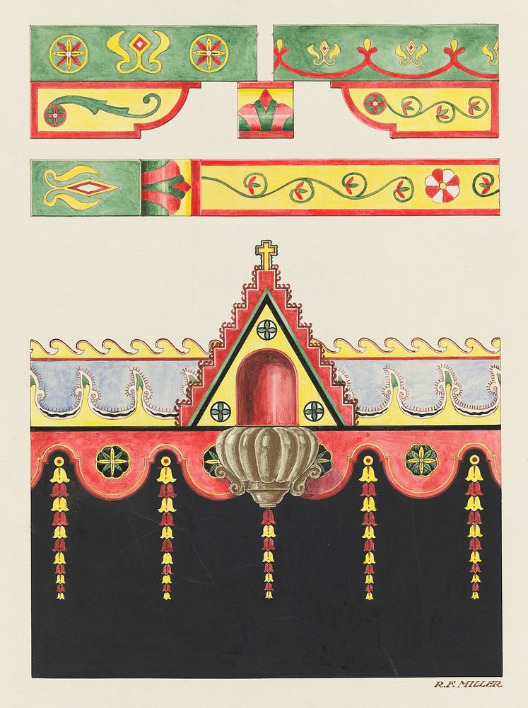Wall and Ceiling Decorations, and Holy Water Font; Restoration Drawing (1936) byRandolph F. Miller.  