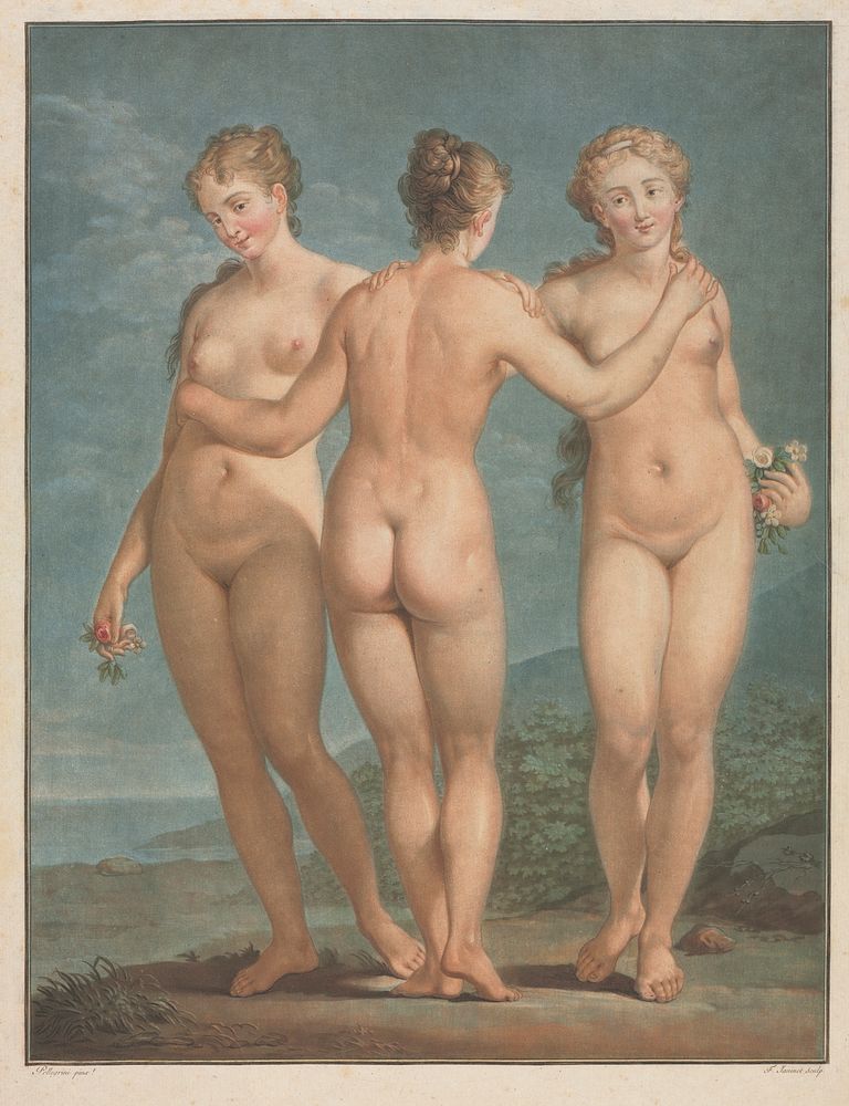 Standing Naked women. The Three Graces (1786) painting in high resolution by Jean François Janinet.  