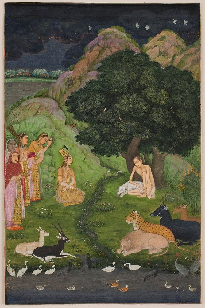 Layl&aacute; visits Majnūn in the Wilderness (c.1660) painting in high resolution by anonymous. 
