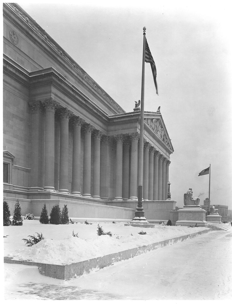 Photograph of the National Archives Building Constitution Avenue Entrance in the Snow. Original public domain image from…