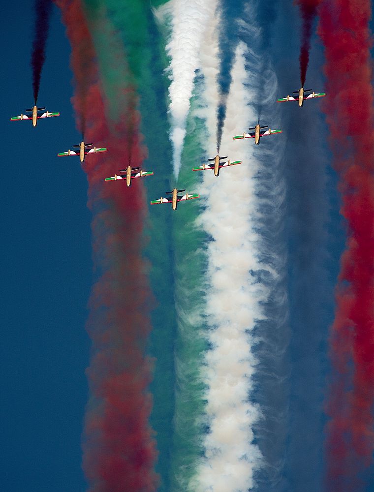 “Al Fursan” (The Knights), the United Arab Emirates Air Force aerobatic display team, flies in formation during the 2015…