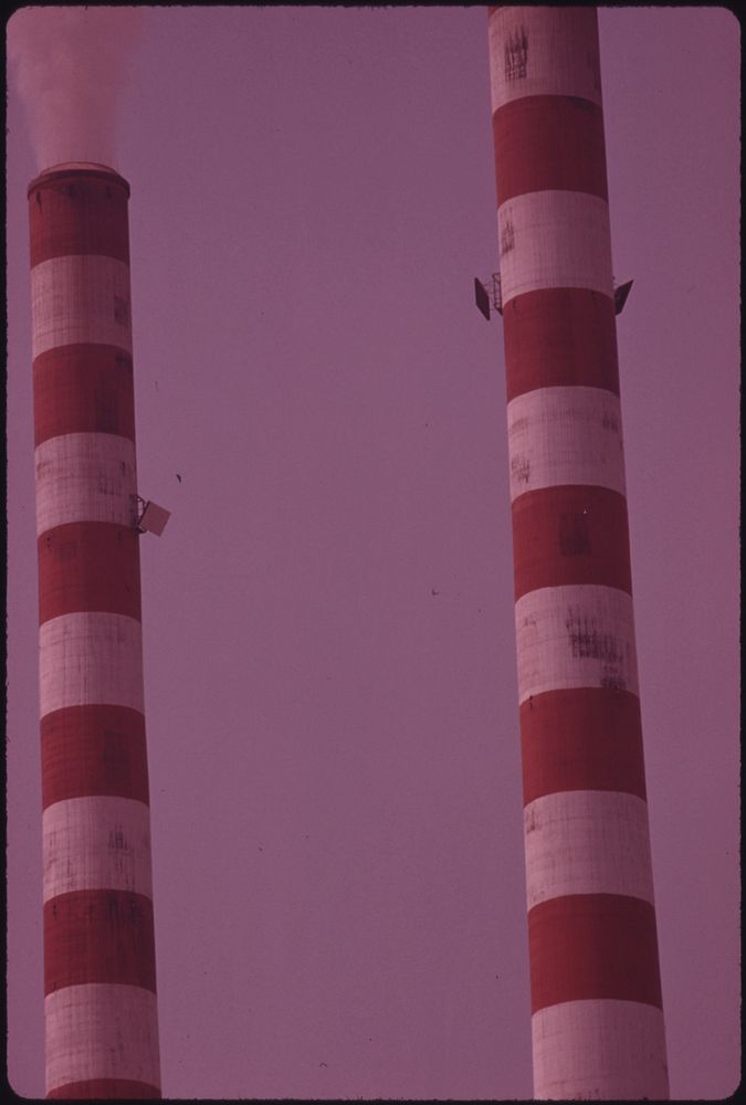 Closeup of the Smokestacks of the Tennessee Valley Authority Steam Plant at Cumberland City, near Clarksville Tennessee…