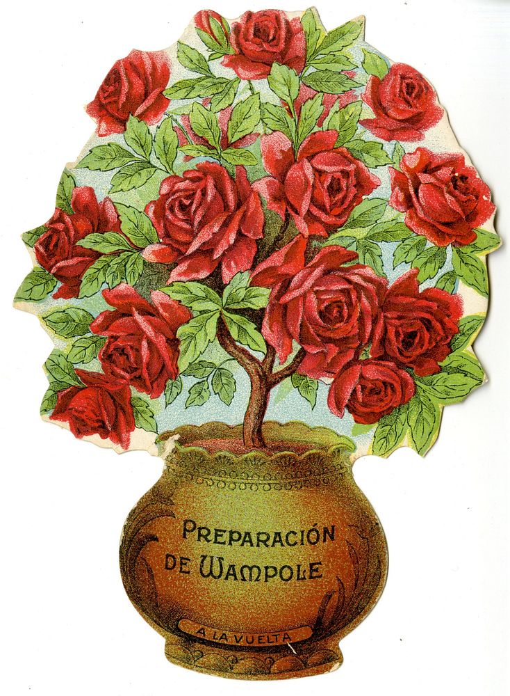 Preparación de Wampole: roses. Advertisement for Wampole's Preparation. Card is shaped like a potted plant in which there…