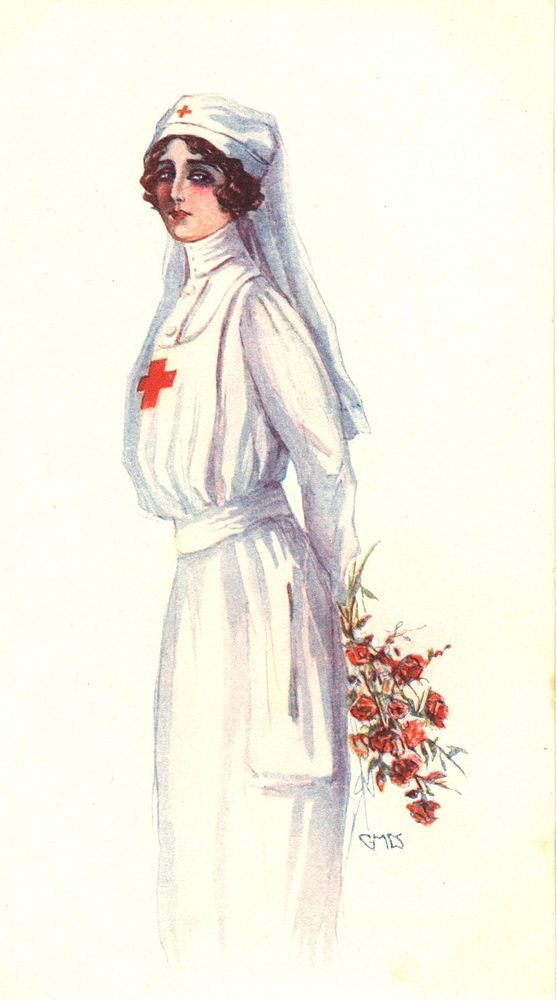 Nurse holding a bouquet of roses behind her back. A color drawing of a sad looking young nurse in a white uniform, with a…