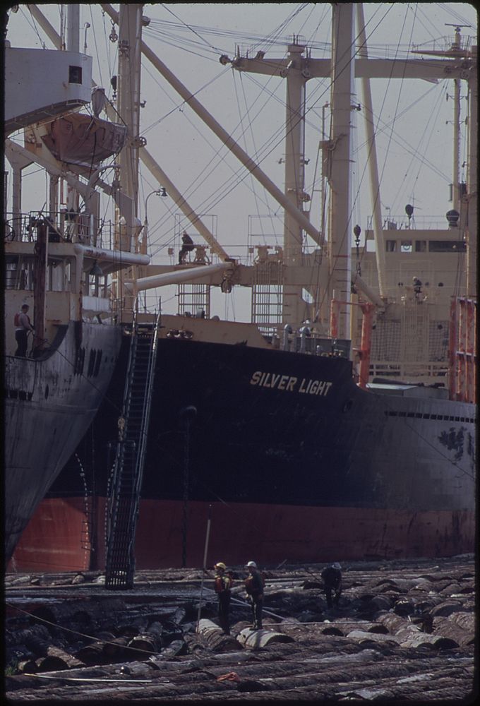 Freighters at the Columbia River Mouth About to Take on a Cargo of Logs for Export to Japan. Original public domain image…