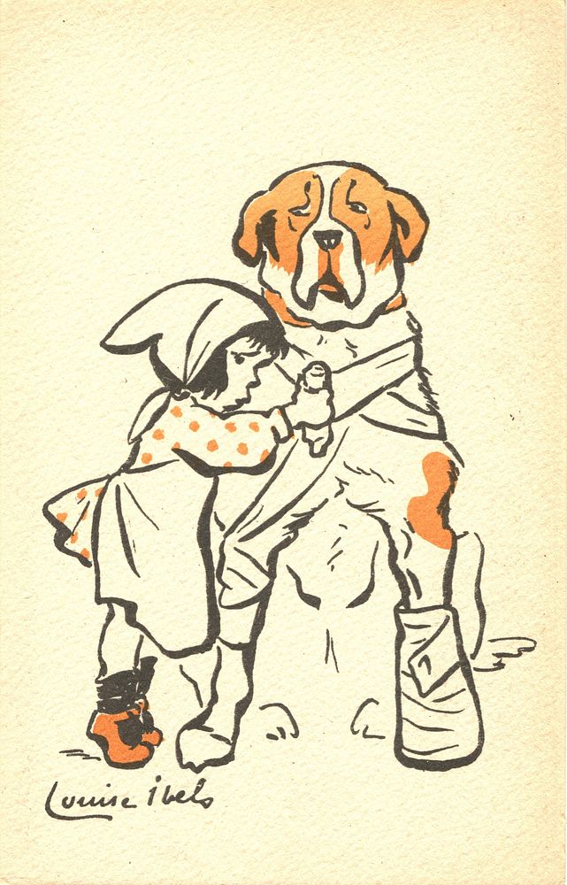 Little girl bandaging a large dog]Author(s): Ibels, Louise, 1891-1965, artistAbstract: Color illustration of a little girl…